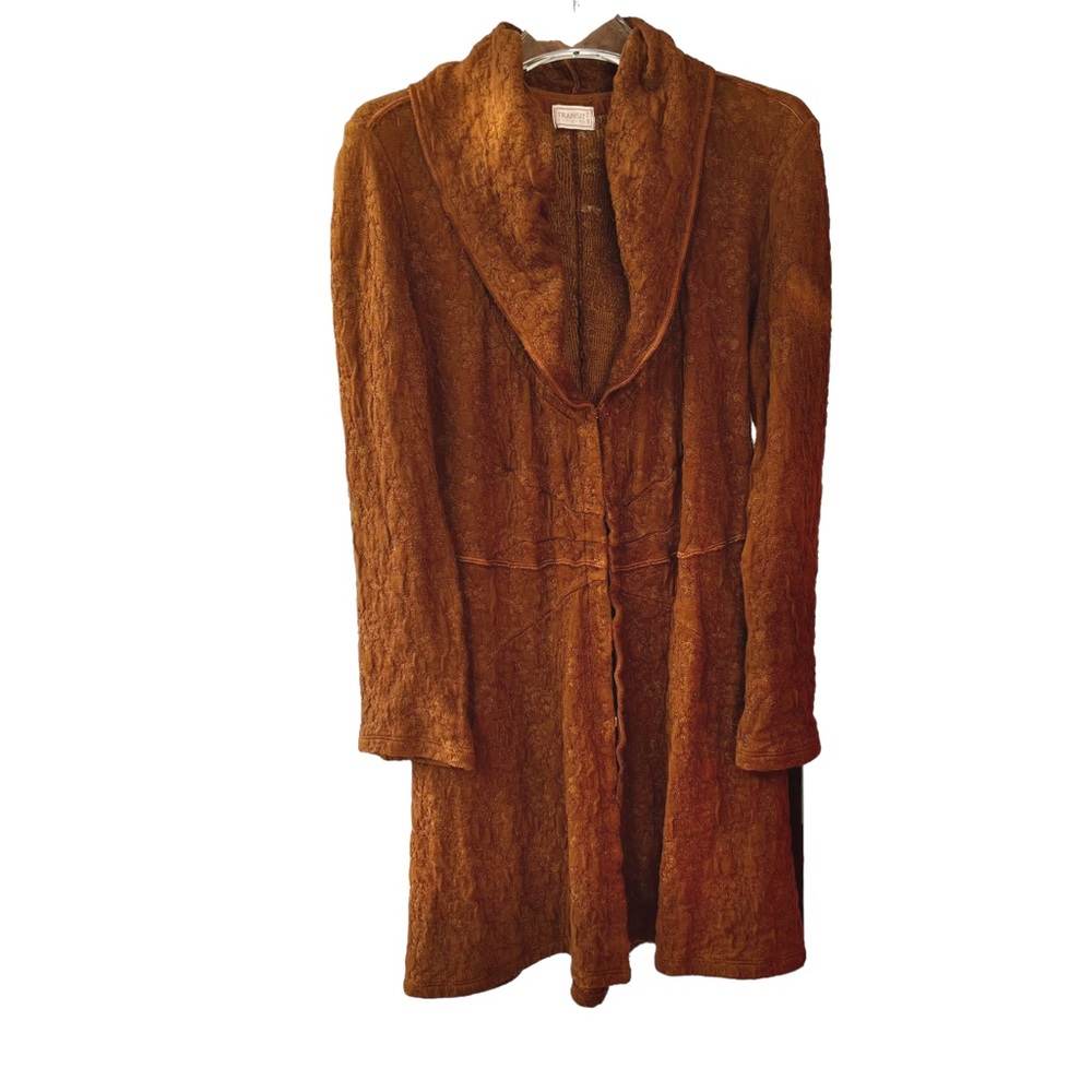 Transit Par Such Brown Textured Knit Hook n Eye Mid Thigh Cardigan Sweater Small